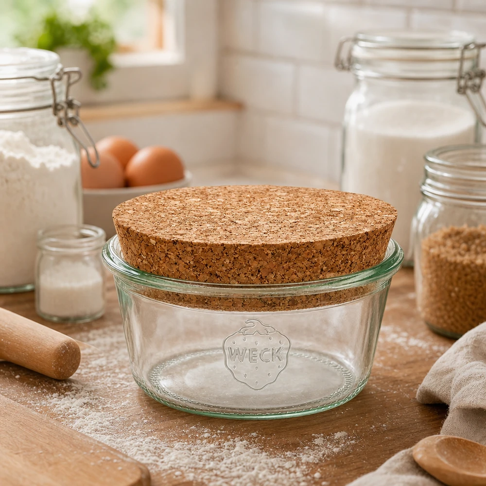 Vaso basso da 290 ml WECK RR100 con sughero naturale WECK RR100 tumbler 290ml con coperchio in sughero in cucina tra farina, uova e barattoli di stoccaggio come accessori da forno