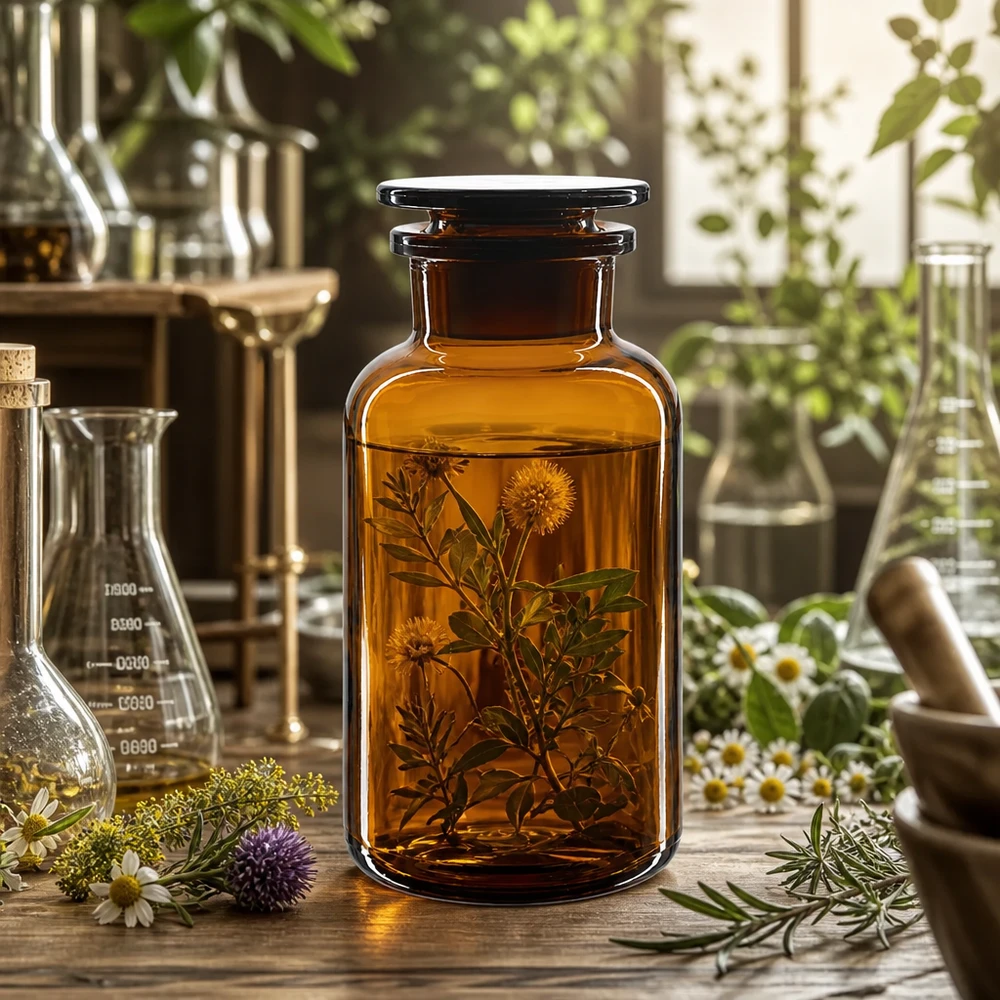 Fiaschetta da farmacia da 500 ml, marrone, con collo largo e tappo in vetro, per applicazioni di laboratorio