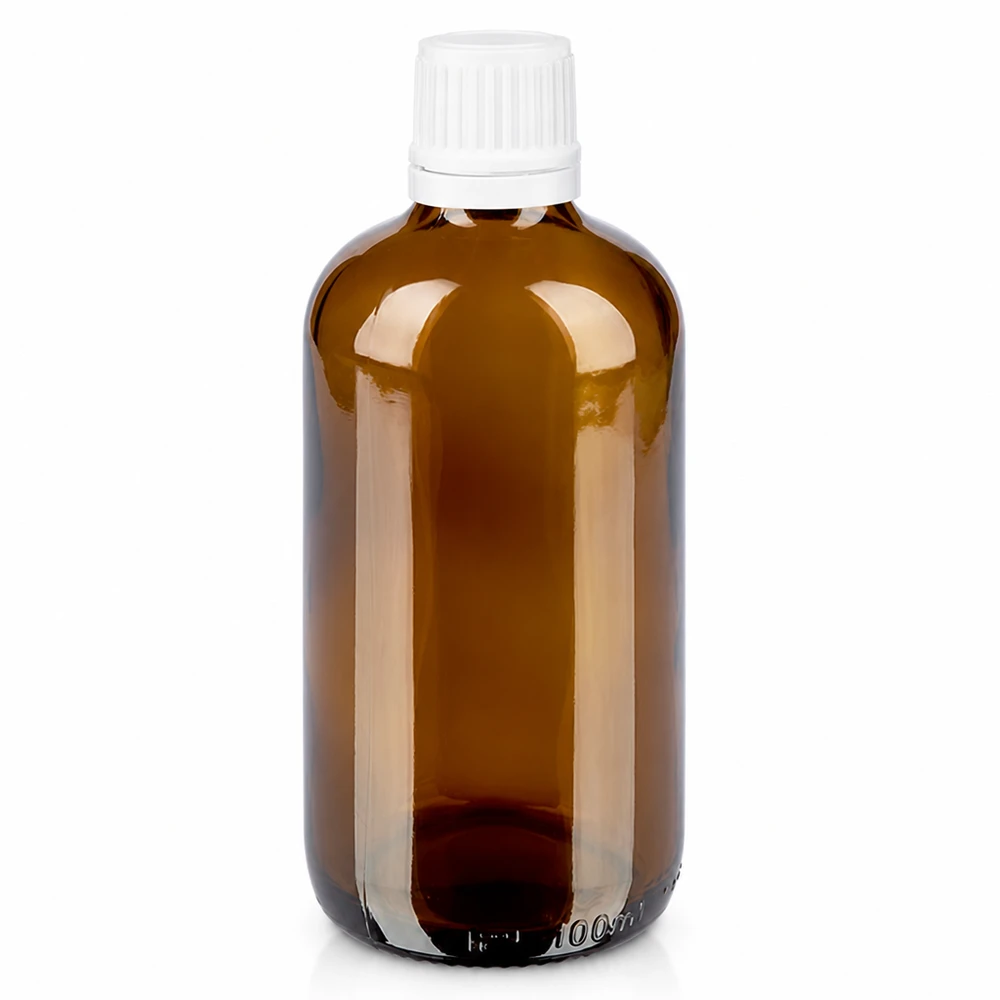 Flacone da farmacia in vetro marrone da 100 ml con tappo a vite bianco da 11 mm