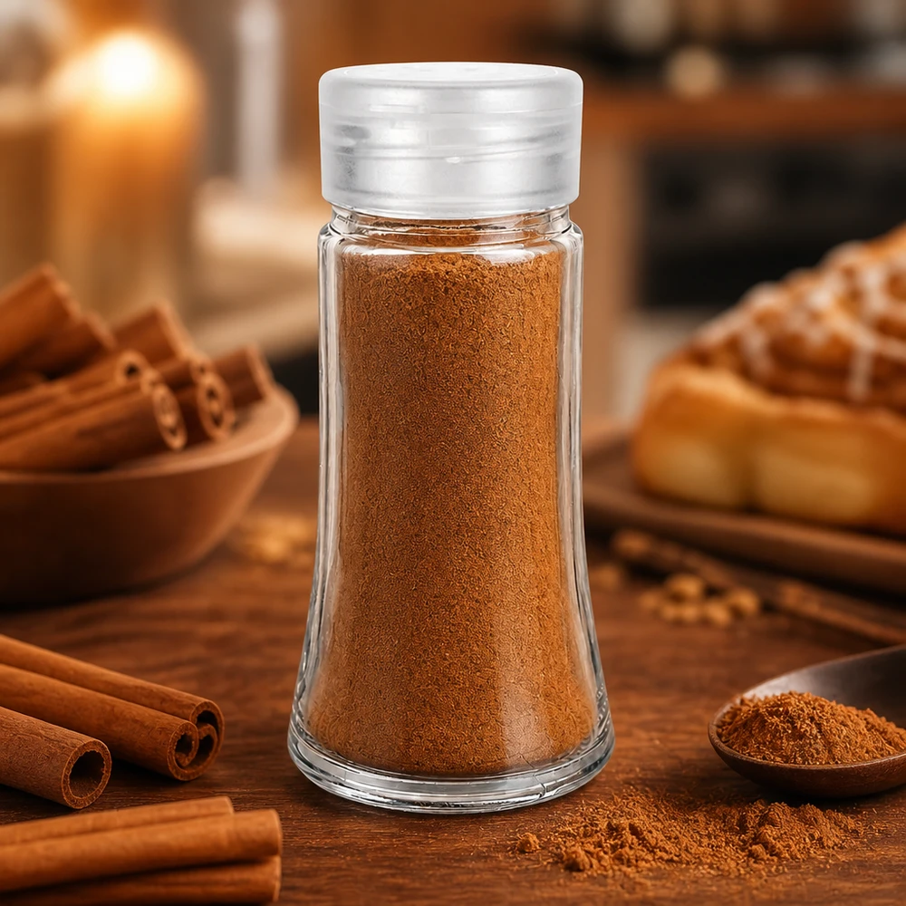 Barattolo per sale/spezie da 95 ml con dosatore, bianco Cannella in polvere in un barattolo trasparente da 95 ml con dosatore in plastica bianca su un tavolino di legno