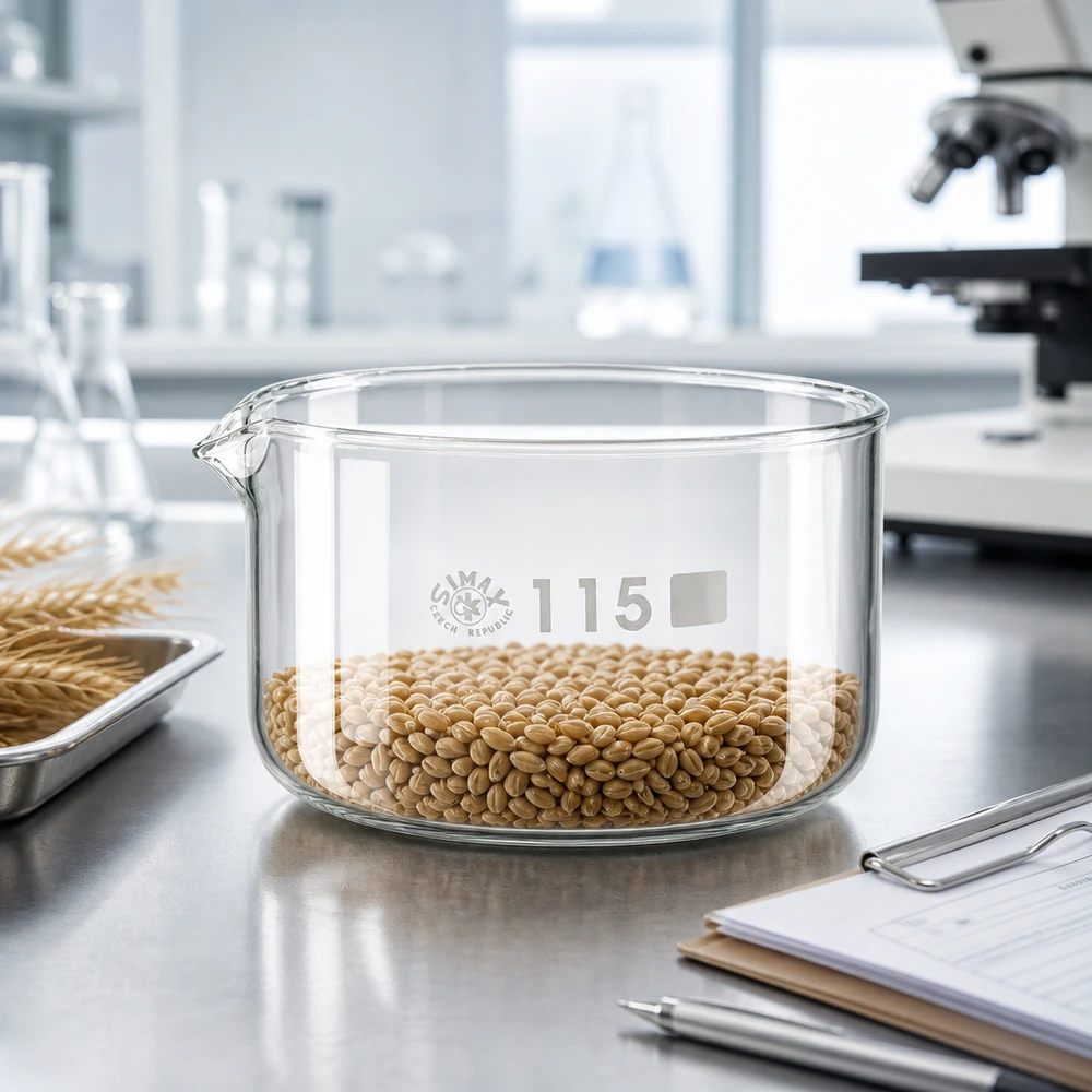 Piatto per cristallizzazione da 500ml con beccuccio Bo.. ø115mm Vaschetta di cristallizzazione SIMAX da 500 ml riempita con chicchi di grano, per analisi di laboratorio, in vetro borosilicato, ø 115 mm
