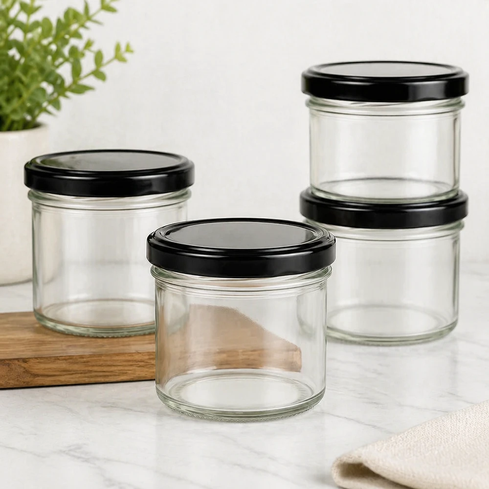 Bicchieri da 125 ml con coperchio BasicSeal nero UNiTWIST. Quattro tumbler da 125 ml con coperchi neri BasicSeal impilati su una tavola di legno e un tavolo di marmo per la decorazione della cucina