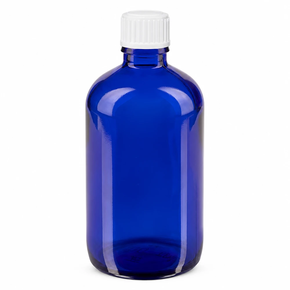 Flacone contagocce blu da 100 ml STD bianco/0,9 mm ApoGlas Flacone da farmacia blu da 100 ml in vetro borosilicato con tappo contagocce bianco da 0,9 mm