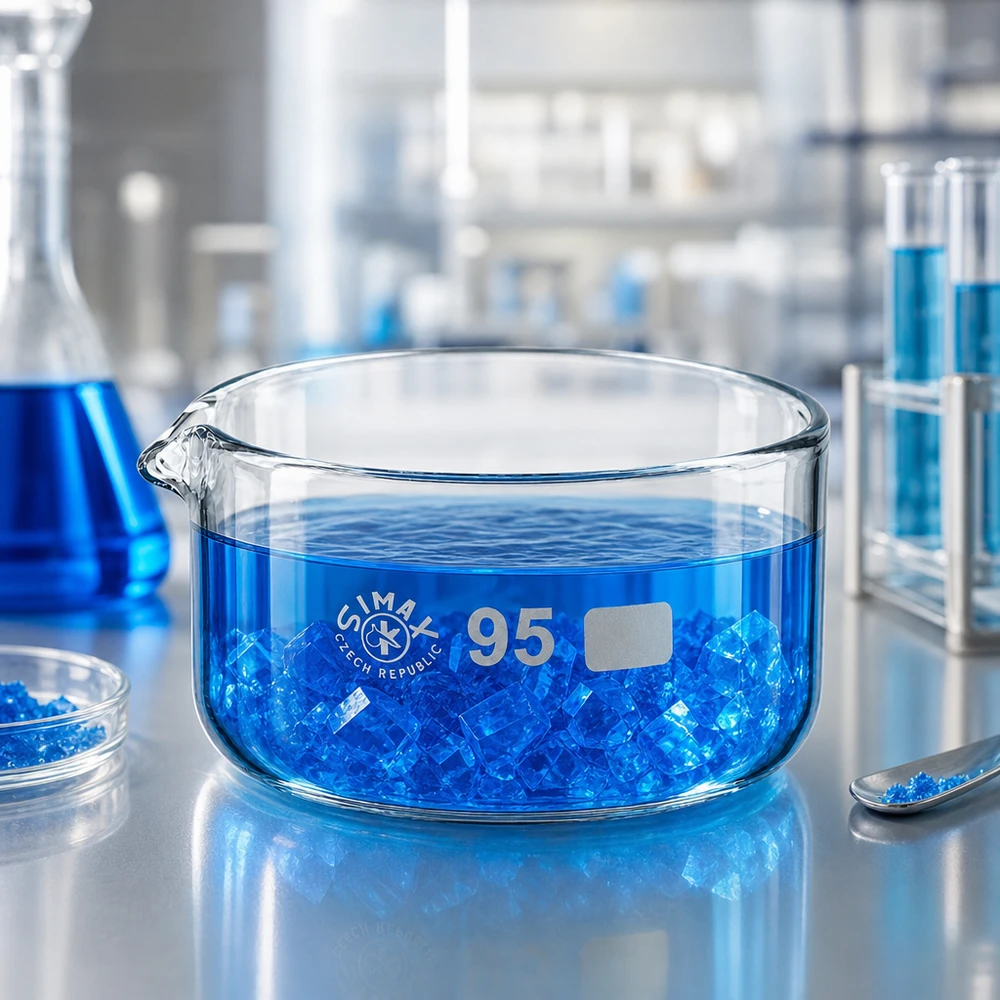 Piatto per cristallizzazione da 300 ml con beccuccio Bo.. ø95mm Vaschetta di cristallizzazione da 300 ml con cristalli blu in soluzione, realizzata in vetro borosilicato SIMAX di alta qualità