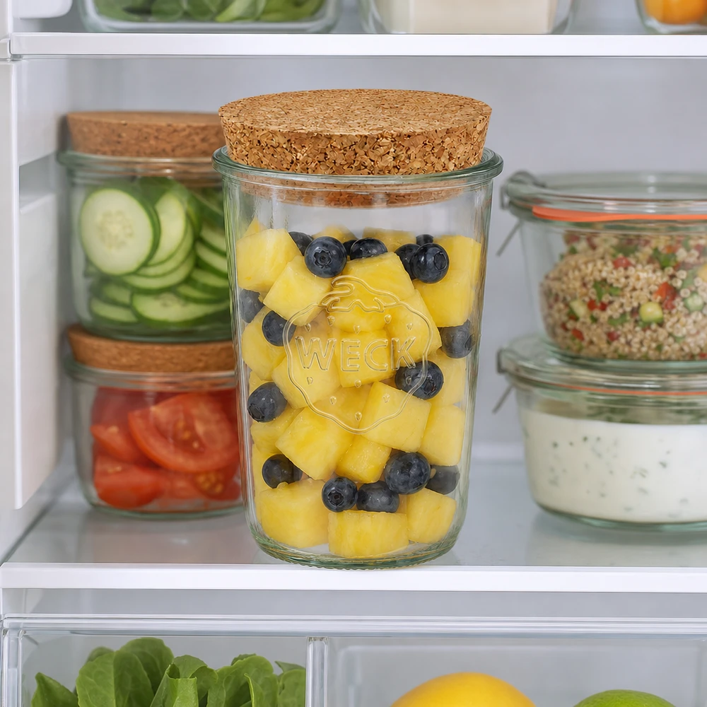 Bicchieri da 850 ml WECK RR100 con tappo in sughero naturale Vaso di conservazione WECK 850ml RR100 con tappo di sughero in frigorifero riempito con ananas e mirtilli tra gli altri vasi di conservazione