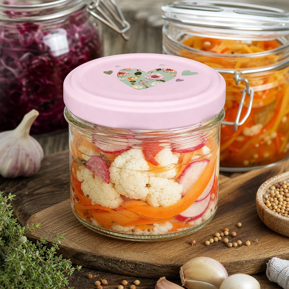 Bicchieri da 225 ml + coperchio BasicSeal cuore rosa UNiTWIST Bicchieri da 225 ml con coperchio a forma di cuore rosa per verdure in salamoia e fermentazione insieme a spezie ed erbe.