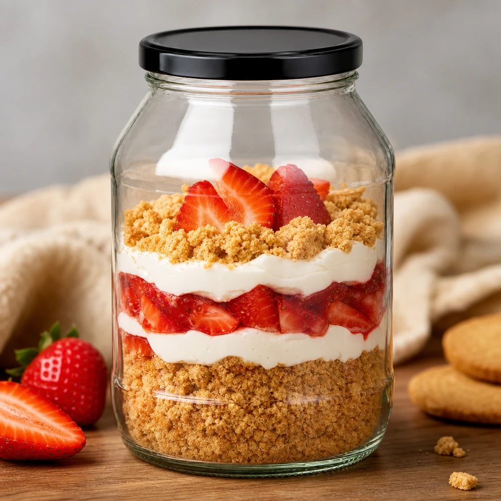 Barattolo rotondo da 2650 ml con coperchio BasicSeal nero UN... 2650ml Rundglas mit schwarzem Deckel als Dessertglas für Erdbeer-Sahne-Schichtdessert mit Kekskrümeln stylisch präsentie