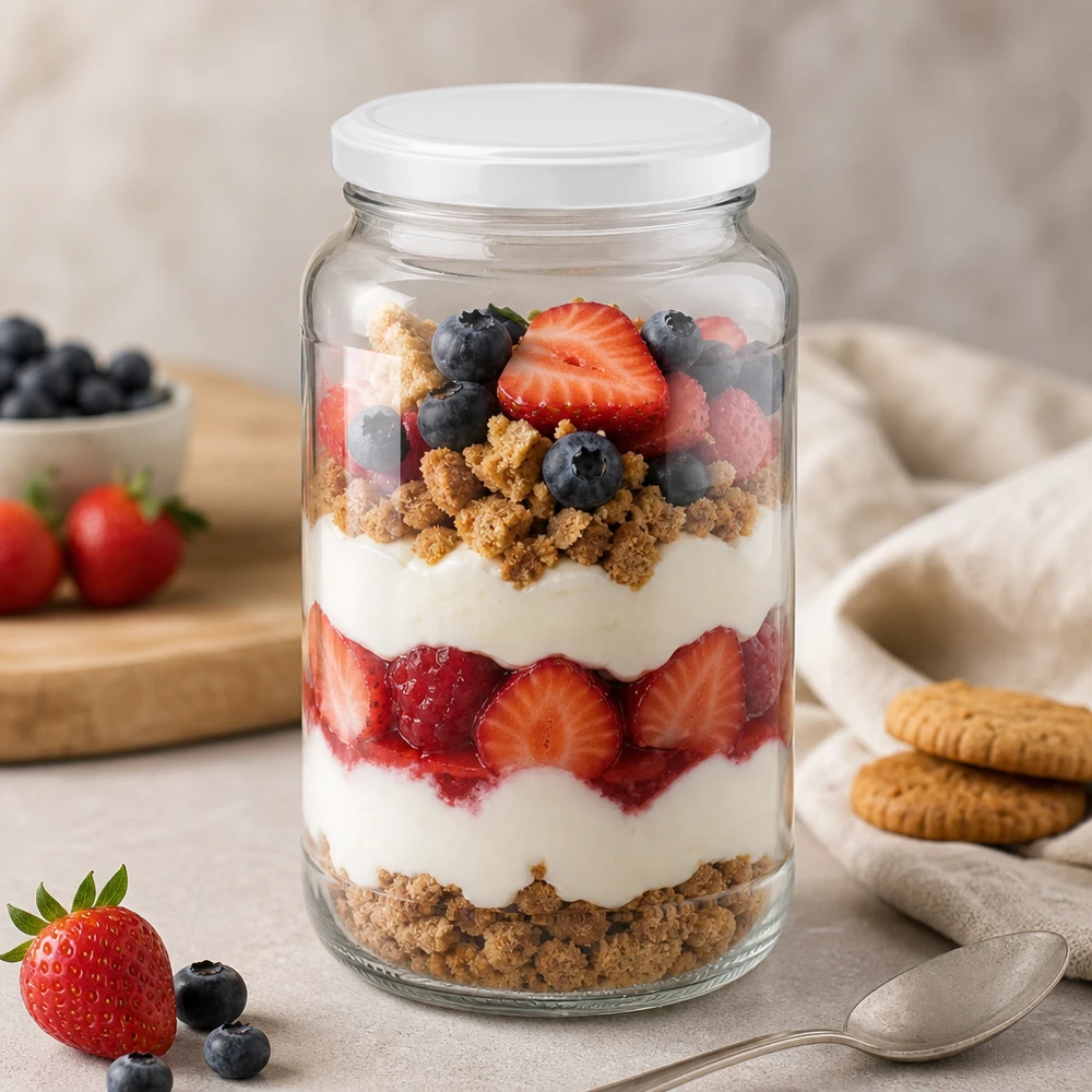 Barattolo rotondo da 1700 ml con coperchio BasicSeal bianco UN.. Vasetto rotondo da 1700 ml con coperchio BasicSeal come vasetto da dessert per trifle ai frutti di bosco con yogurt e briciole di biscotti
