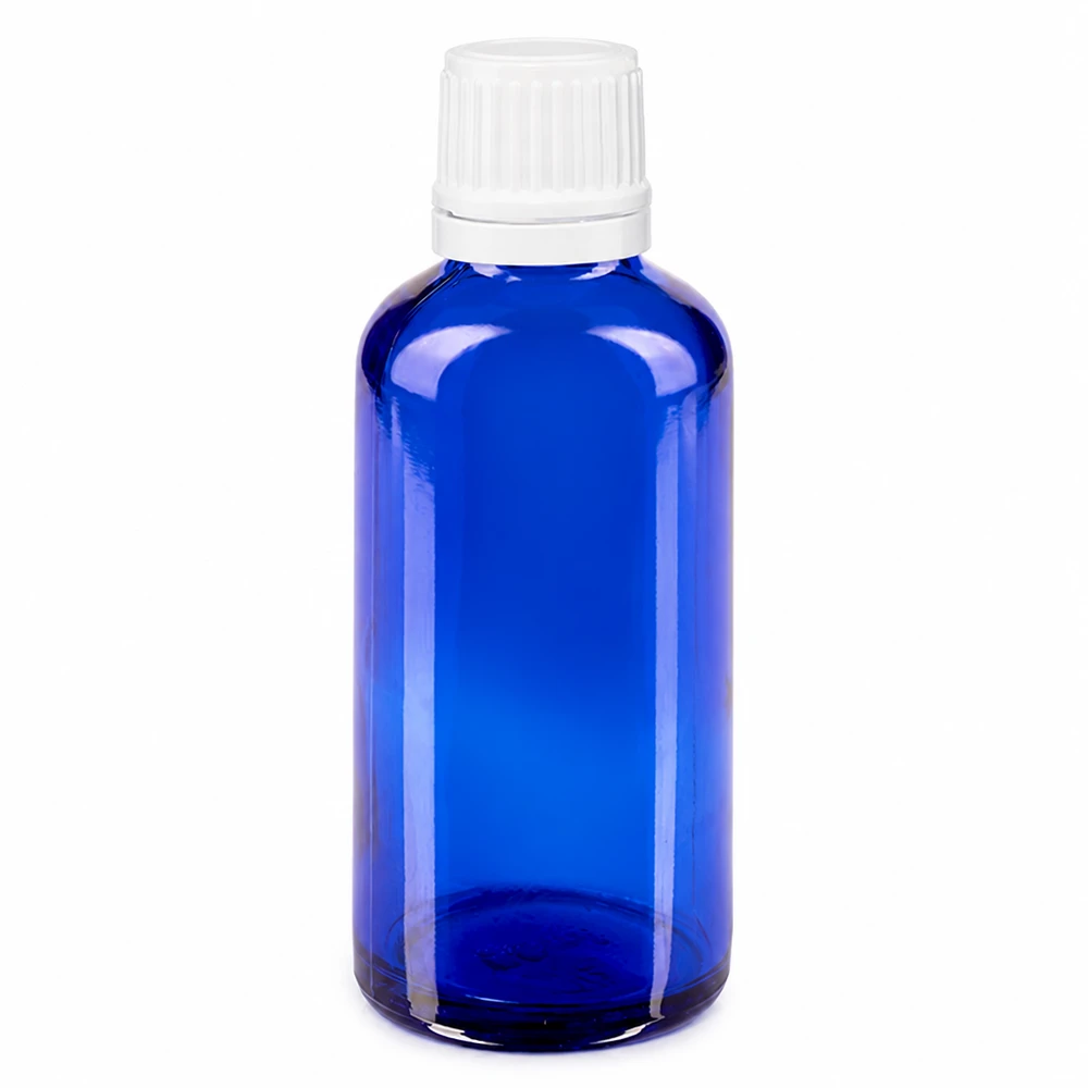 Flacone da farmacia in vetro blu da 50 ml con tappo a vite bianco e sigillo di garanzia