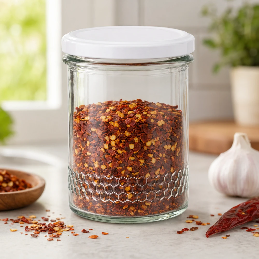 Vasetto per miele da 560 g con capsula bianca BasicSeal UNiTWIST Vasetto per miele da 400 ml con coperchio bianco come vasetto per le spezie per il peperoncino Conservazione in cucina Motivo a nido d'ape sulla base del vasetto