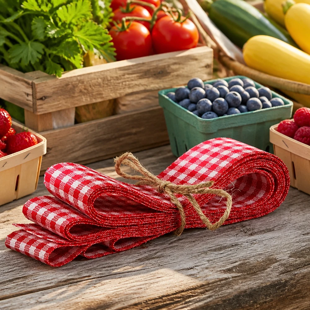 Nastro in tessuto a quadretti bianchi e rossi di 300 cm su tavolo di legno con bacche fresche, pomodori e verdure in stile casa di campagna