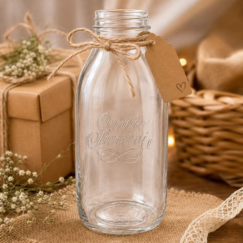 Bottiglia a collo largo "Quattro Stagioni" da 1000 ml Quattro Stagioni 1000ml bottiglia in vetro a collo largo con tappo in sughero e decorazione rustica su tavolo in legno