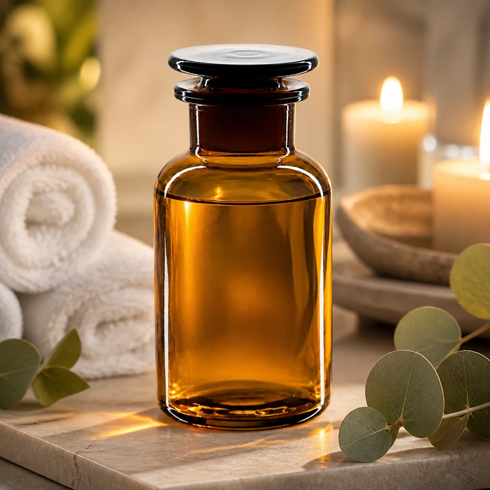 Bottiglia a spalla tonda 250ml marrone collo largo tappo in vetro Bottiglia da 250 ml a collo largo color ambra con tappo piatto in vetro, accanto a candele ed eucalipto