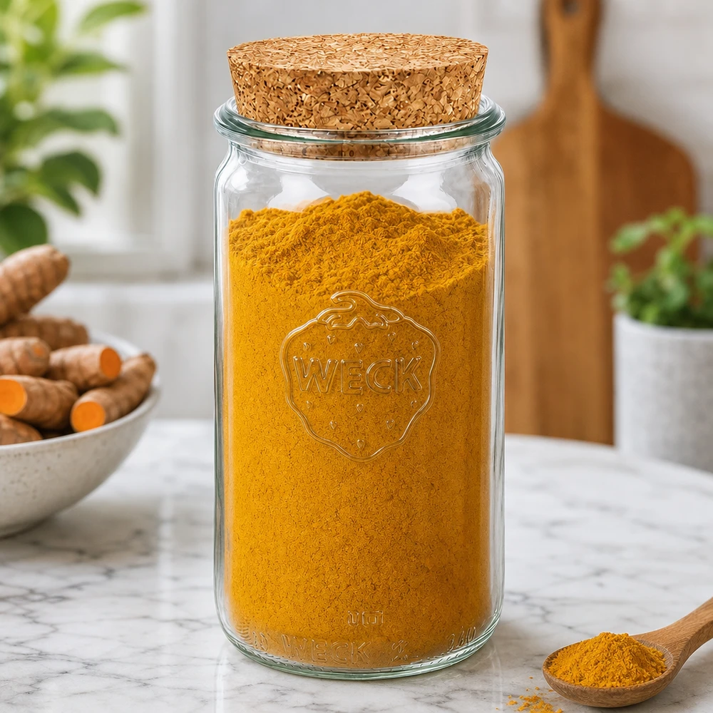 Barattolo WECK da 340 ml RR60 pieno di curcuma mostra il coperchio di sughero ermetico per spezie e polveri