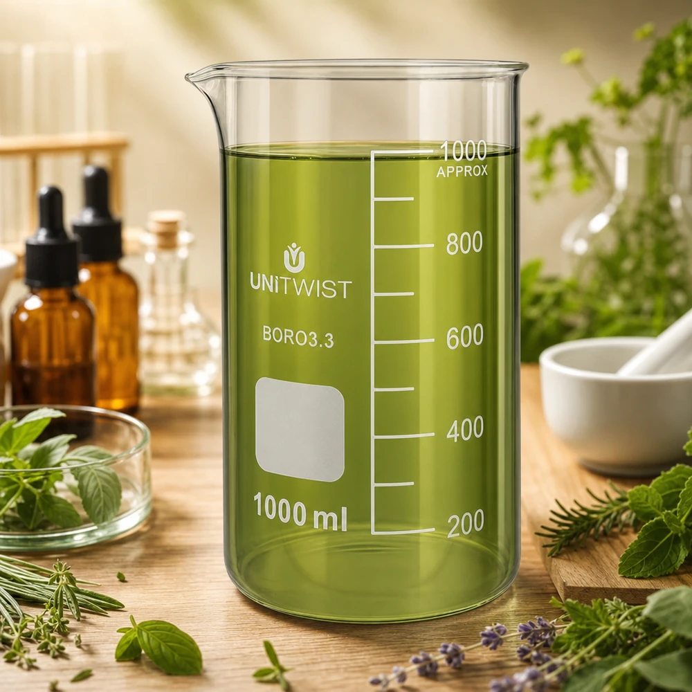 Bicchiere da laboratorio UNITWIST da 1000 ml, modello alto, in borosilicato, con una soluzione di estratto di erbe di colore verde su un tavolo di legno