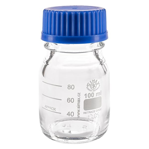 Bottiglia filettata da laboratorio 100ml con tappo, borosilicato Bottiglia filettata da laboratorio 100ml con tappo, borosilicato