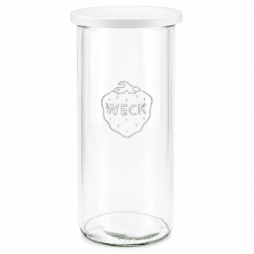 Barattolo per conserve WECK 1500ml RR100 trasparente con coperchio bianco fotografato frontalmente che mostra il logo del marchio inciso