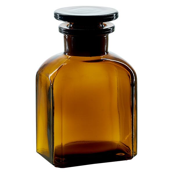 Bottiglia quadrata 150ml marrone a collo largo, con tappo in vetro
