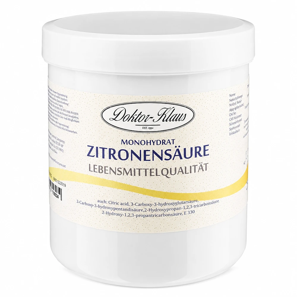 500g di acido citrico Doktor-Klaus 500 g di acido citrico Doktor-Klaus monoidrato in un contenitore di plastica bianco per uso domestico e da cucina