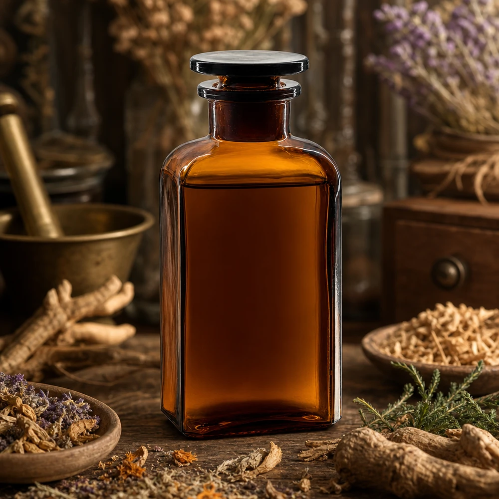 Bottiglia di vetro marrone da 250 ml, di forma quadrata, con tappo, circondata da erbe medicinali e radici