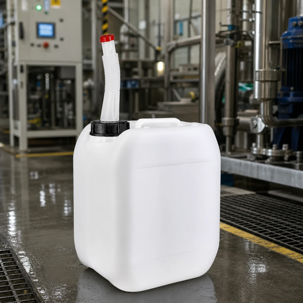 Tanica da 5 litri con tubo di uscita flessibile Tanica industriale da 5 litri con beccuccio flessibile sul pavimento bagnato di un capannone di uno stabilimento di produzione