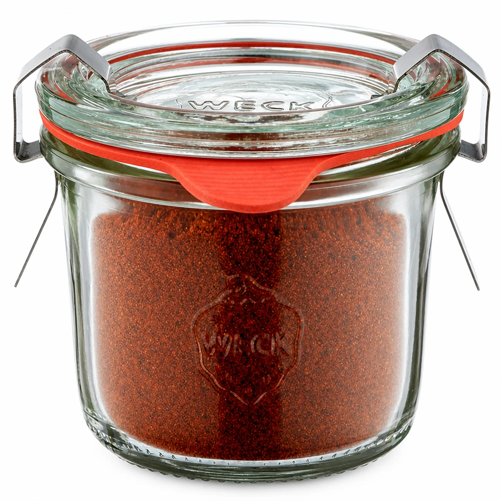Idea barattolo per spezie: WECK mini mason jar 80ml Vasetto WECK Mini da 80 ml, rotondo, riempito con peperoncino in polvere, ideale per conservare le spezie in cucina