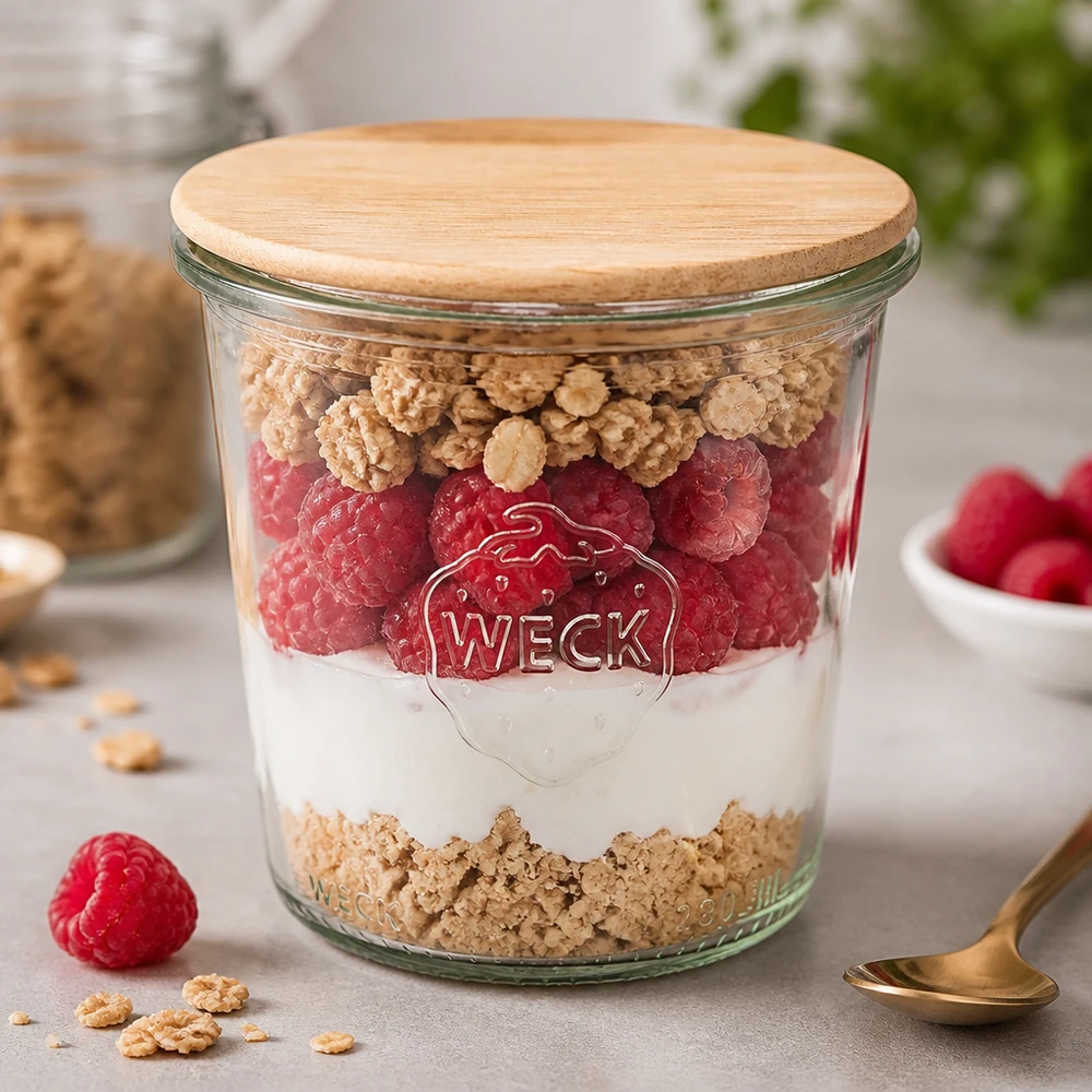 Bicchieri WECK 290ml RR80 con coperchio in legno come vasetto da dessert con yogurt, lamponi e muesli in cucina