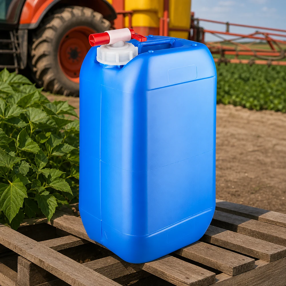 Tanica di plastica blu da 15 litri con rubinetto di scarico su un pallet di legno davanti a un trattore e a un campo coltivato