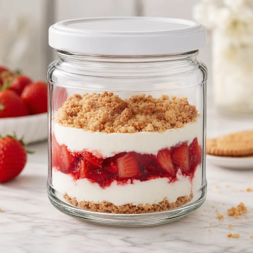 Barattolo rotondo da 212 ml con coperchio BasicSeal bianco UNiTWIST Vasetto rotondo da 212 ml con coperchio BasicSeal come vasetto da dessert per trifle alla fragola con panna e zuccherini - uso versatile
