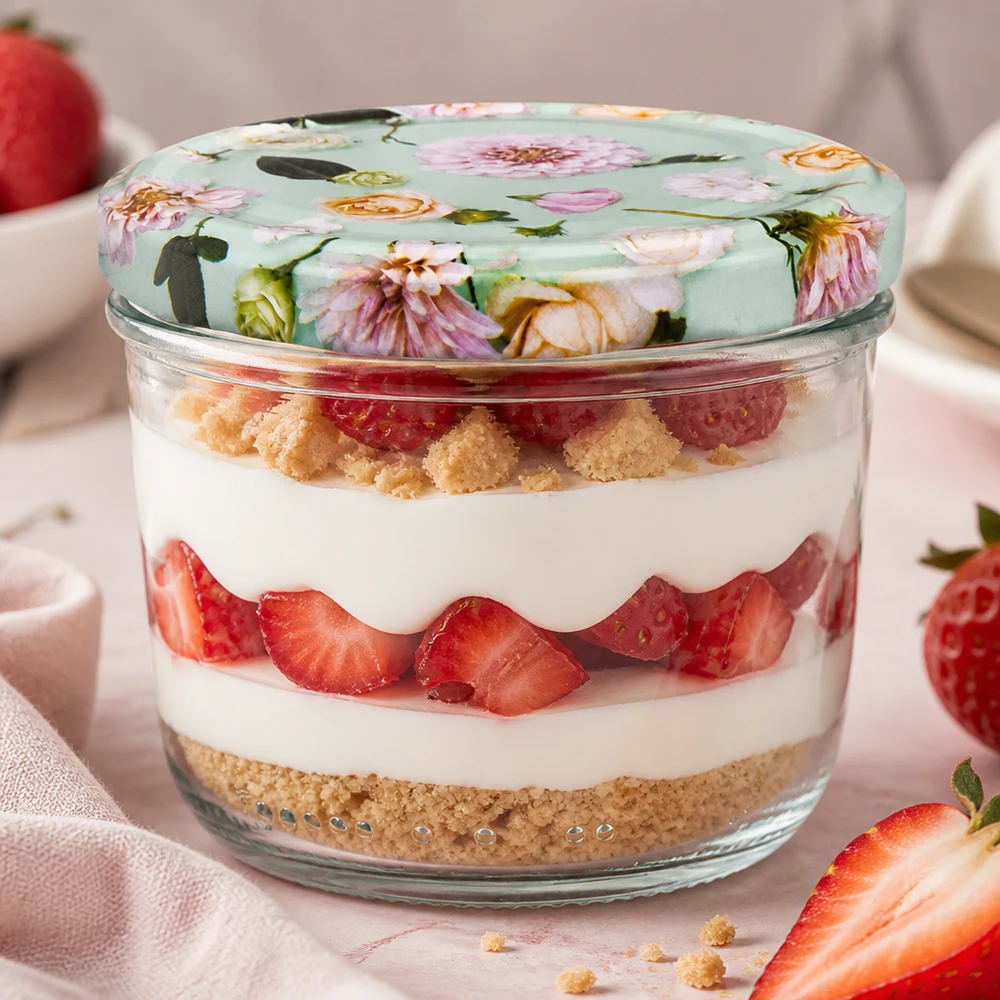 Bicchieri da 230 ml + Coperchio BasicSeal fiore menta UNiTWIST Sturzglas 230ml mit BasicSeal Deckel Blume mint als stylische Dessertschale für Tiramisu mit Erdbeeren verwendet
