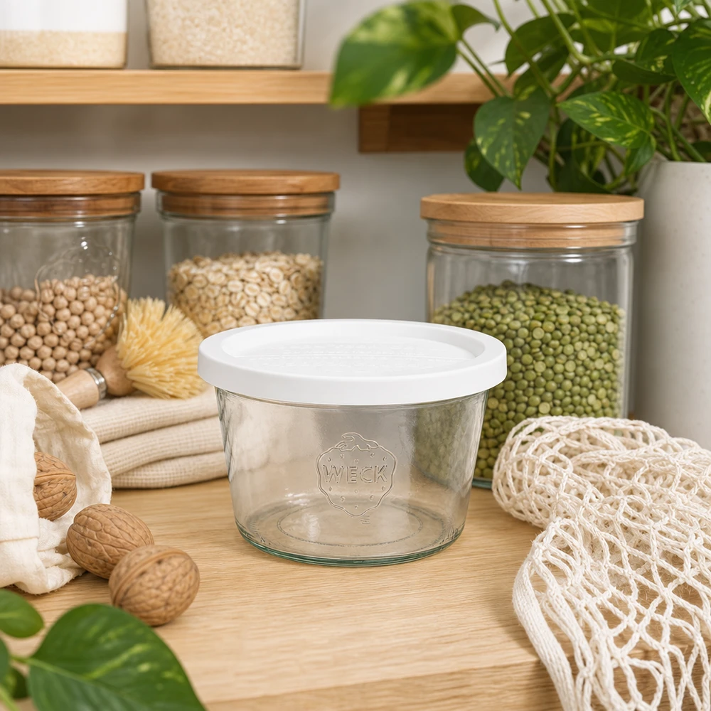 Vaso di vetro da 370 ml con coperchio salva-freschezza WECK RR100 Bicchieri WECK 370ml RR100 in cucina sostenibile a spreco zero con barattoli per la conservazione, legumi e accessori ecologici