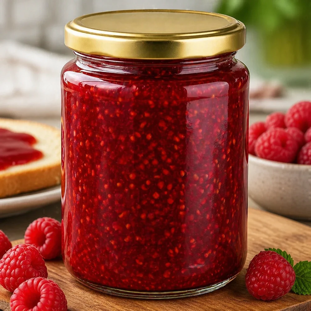 Vasetto per miele da 450 g con capsula dorata BasicSeal UNiTWIST Vasetto di miele BasicSeal da 450 g con coperchio dorato, riempito di marmellata di lamponi e circondato da lamponi freschi.