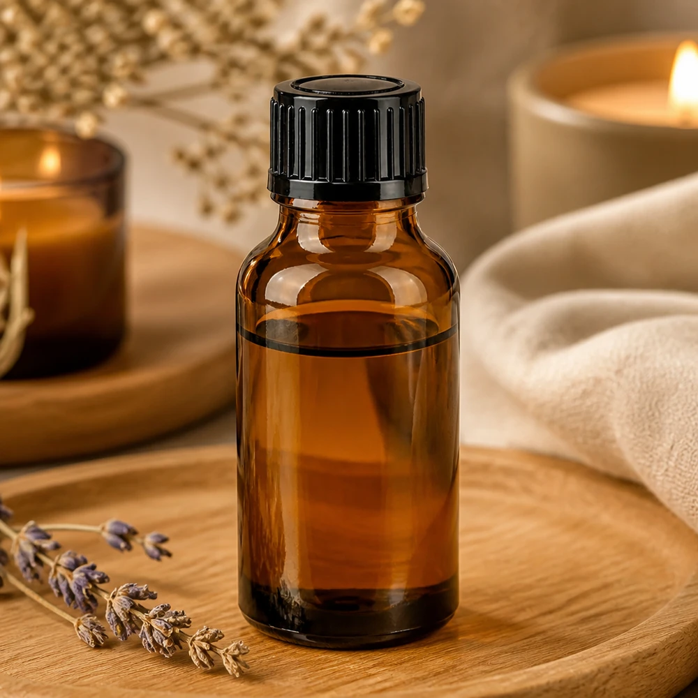 Flacone contagocce STD da 20 ml color ambra, in vetro da farmacia, con apertura da 1 mm, su vassoio di legno
