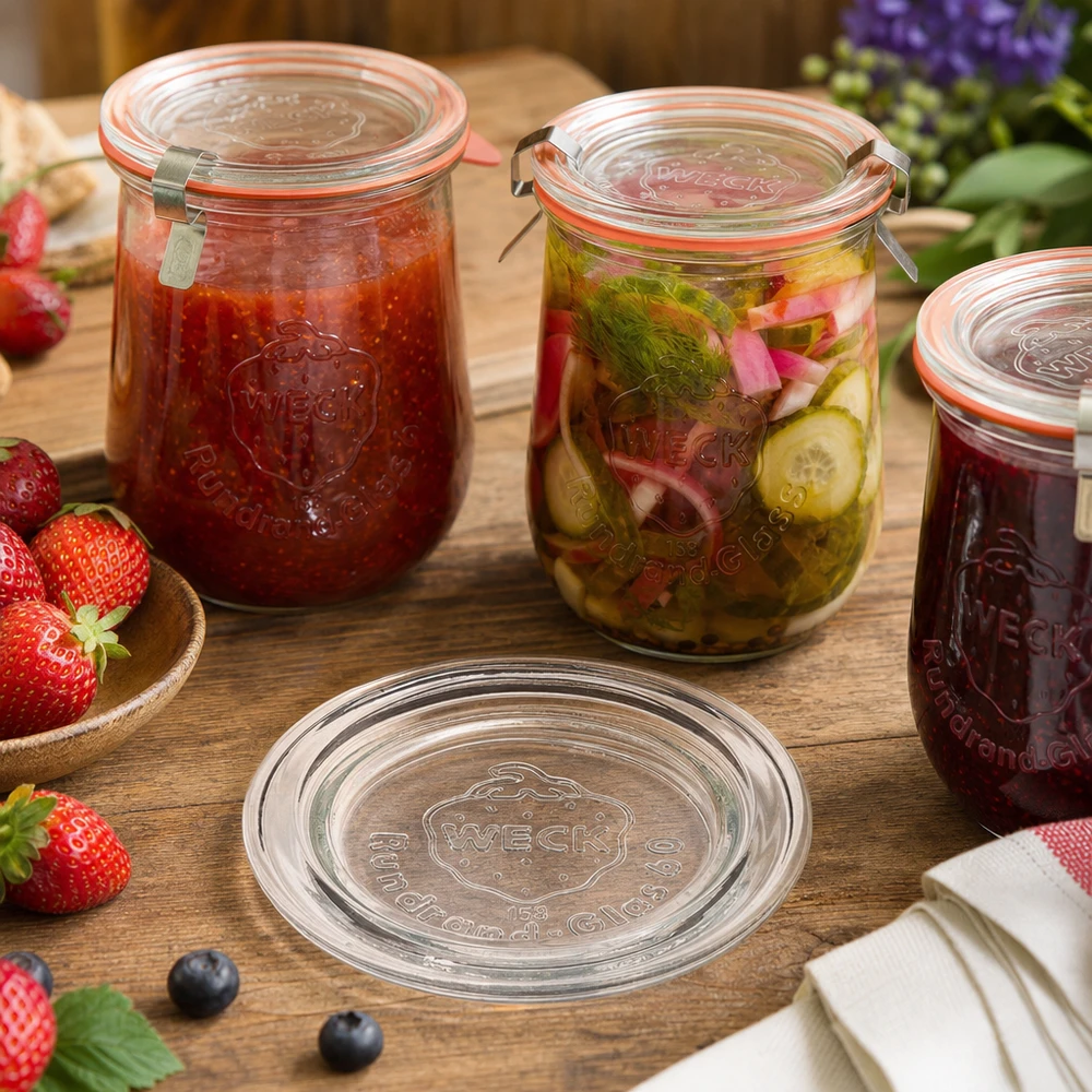 Coperchio in vetro WECK RR60 in uso con vasi da conserva pieni di marmellata e verdure sott'aceto su un tavolo di legno