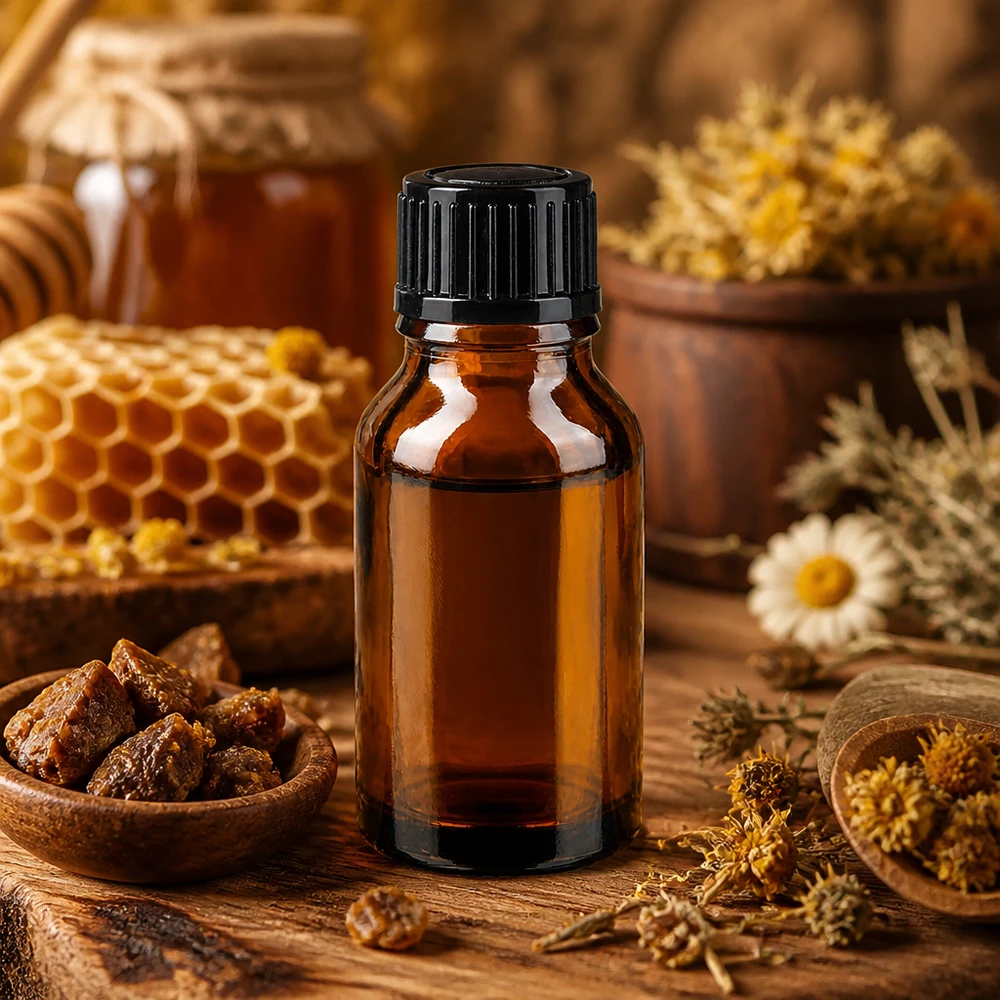 Bottiglia di vetro marrone da 15 ml con tappo contagocce nero, circondata da erbe medicinali, favi e miele