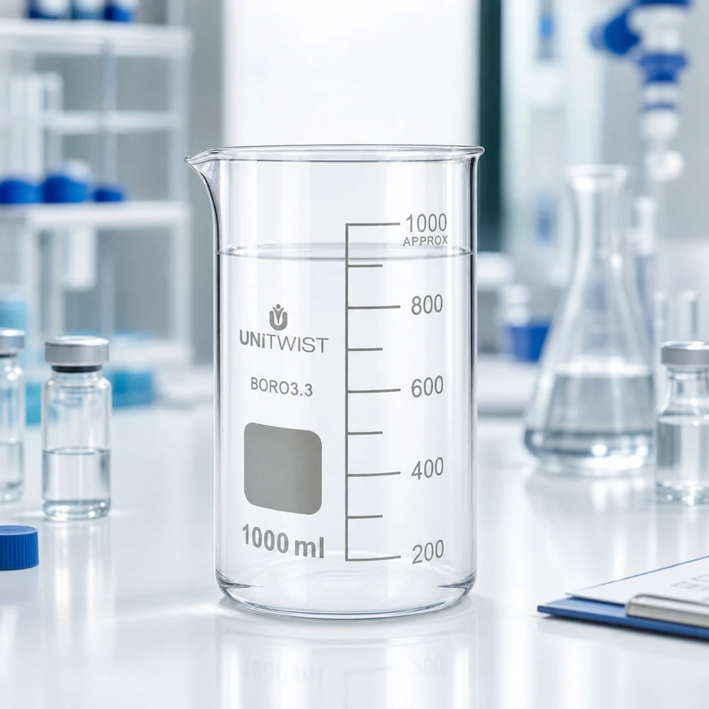 UNITWIST Bicchiere da laboratorio da 1000 ml, forma alta, borosilicato 3.3, trasparente, vuoto, su un tavolo da laboratorio bianco