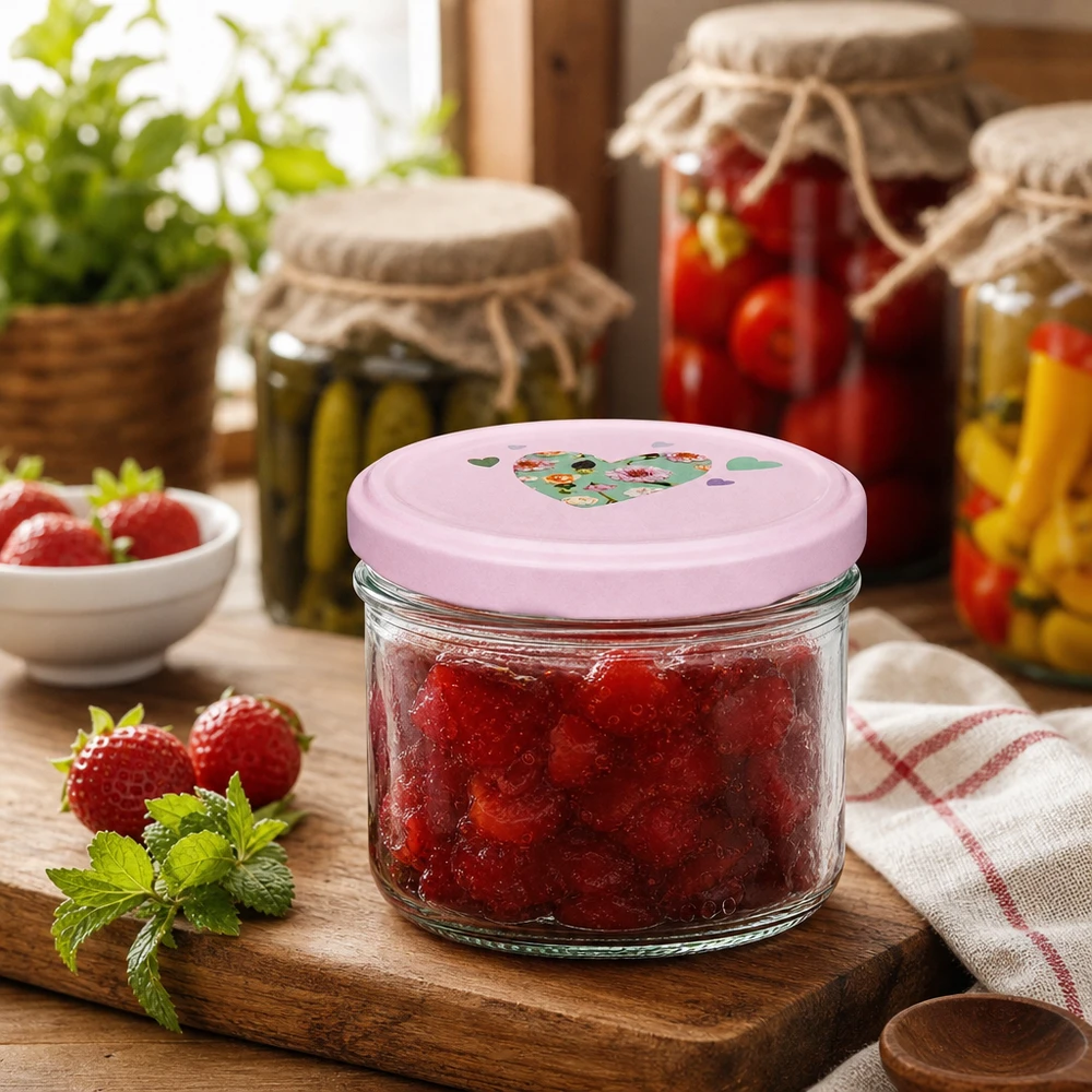 Barattolo cilindrico da 230 ml + coperchio BasicSeal rosa cuore Barattolo cilindrico da 230 ml con coperchio a forma di cuore rosa riempito di marmellata di fragole su una tavola di legno in una cucina rustica