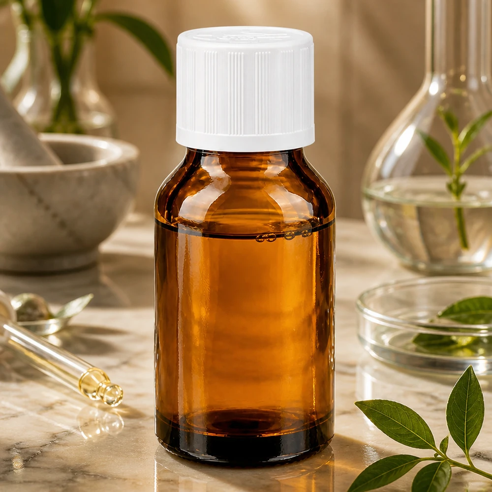 Piccolo flacone da farmacia marrone da 30 ml con tappo a vite bianco, su un supporto in marmo decorato con motivi vegetali