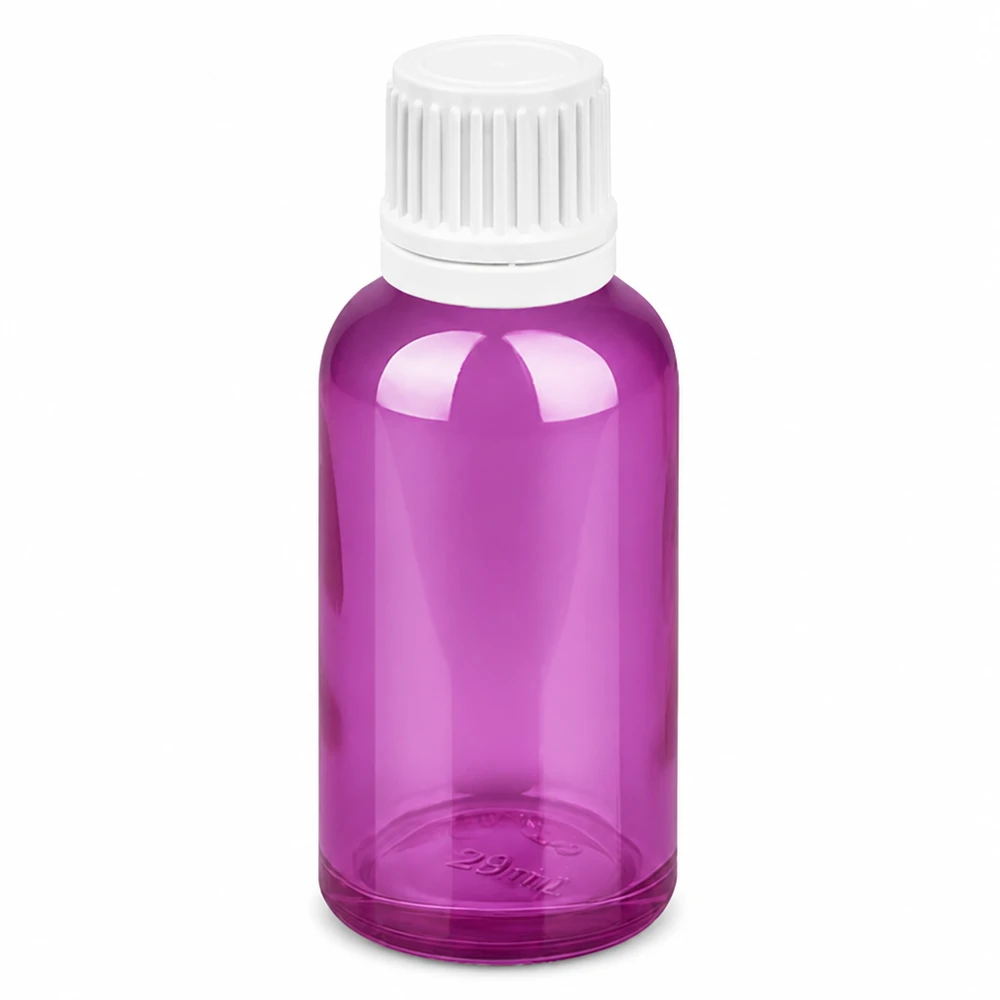 Flacone contagocce viola da 30 ml con tappo bianco per medicinali e cosmetici