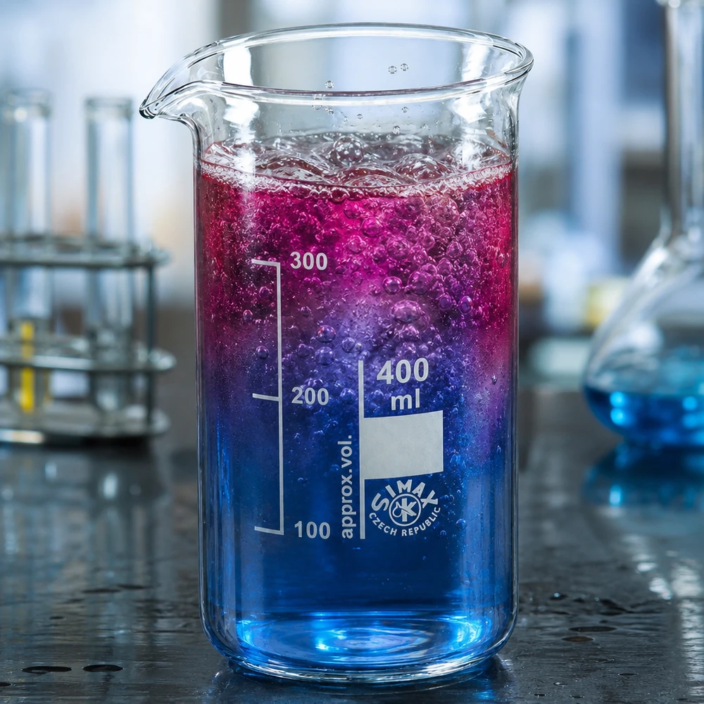 Bicchiere da laboratorio da 400 ml, forma alta, con miscela di reazione colorata che sfuma dal blu al rosa