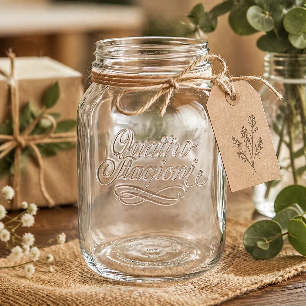 Vaso da 3000ml per uso domestico "Quattro Stagioni Bicchiere da 3000ml Quattro Stagioni con corda di iuta e ciondolo su tavolo di legno rustico con decorazione