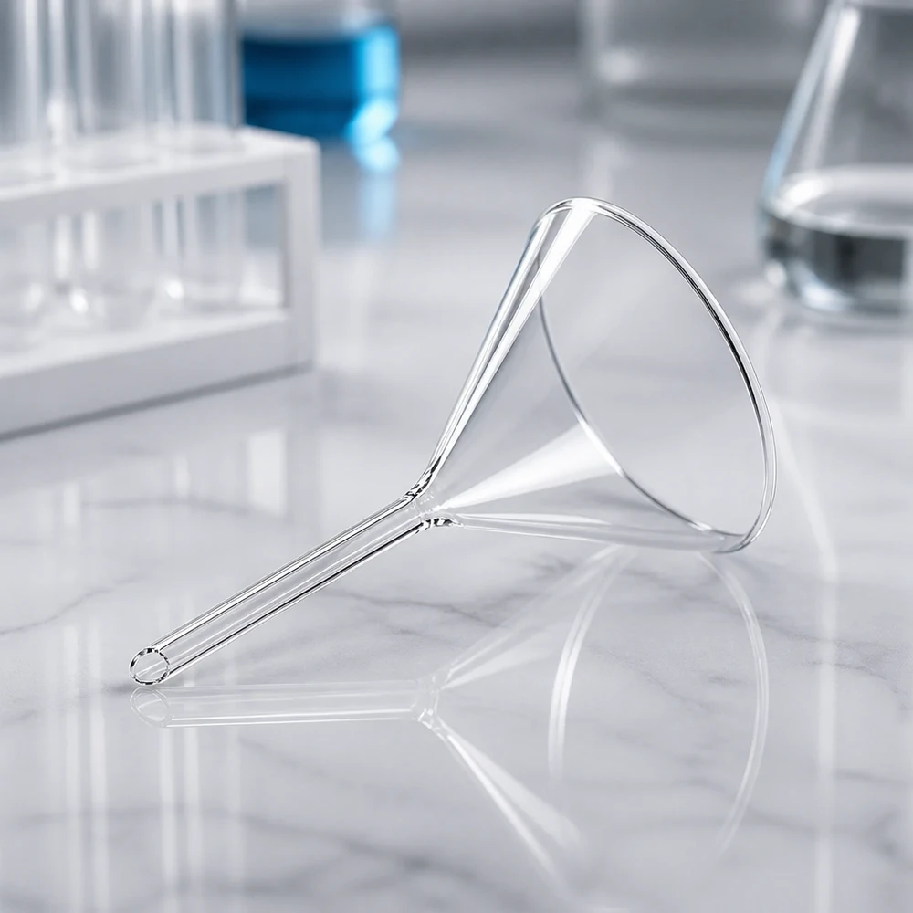 Imbuto Ø 100mm in borosilicato angolo 60 corto Imbuto in vetro trasparente da 100 mm stile corto per lavori di laboratorio professionali e processi di filtrazione