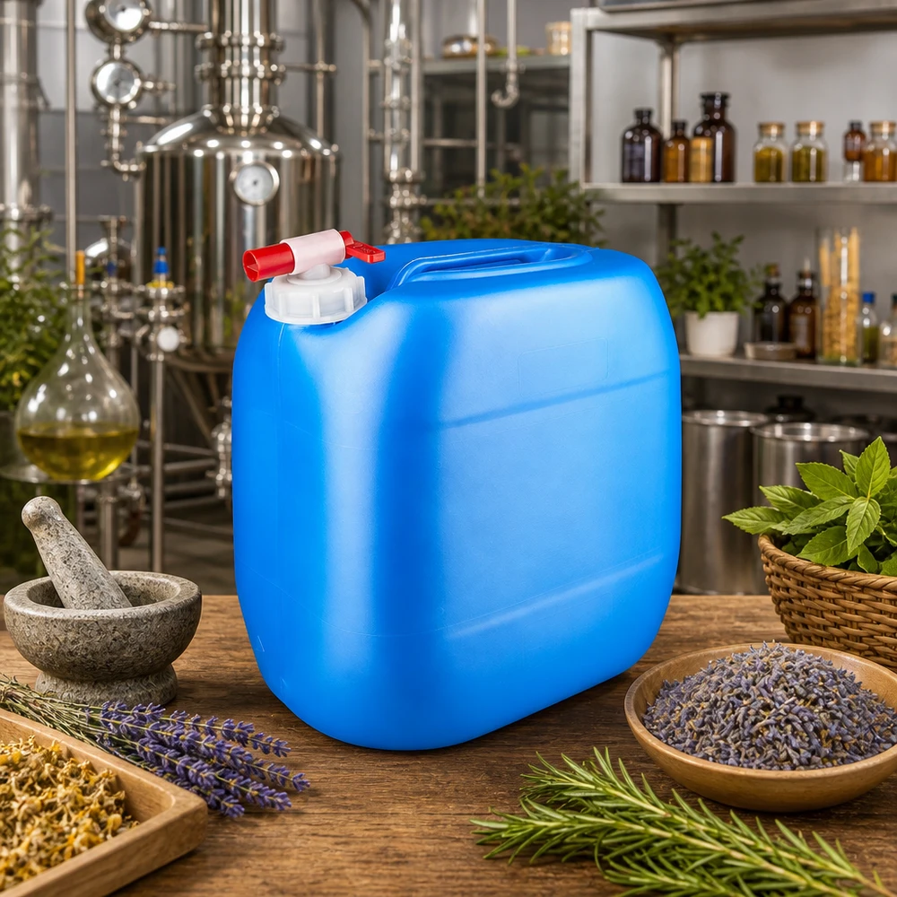 Tanica blu da 30 litri con rubinetto di scarico tra erbe aromatiche fresche e lavanda nella distilleria