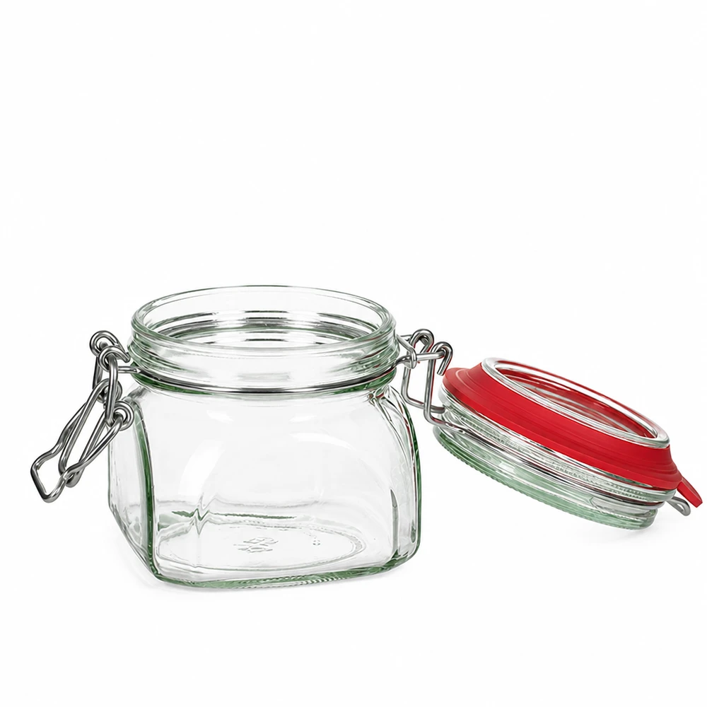Barattolo da 370 ml tipo G con tappo a clip UN.. Barattolo da conserva quadrato da 370 ml con pratico coperchio basculante in vetro trasparente