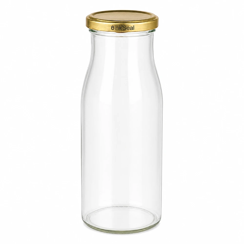 UNiTWIST Bottle150 con coperchio dorato. Coperchio TO43 BioSeal UNiTWIST bottiglia in vetro da 150 ml con coperchio dorato TO43 BioSeal tappo a vite in vetro trasparente