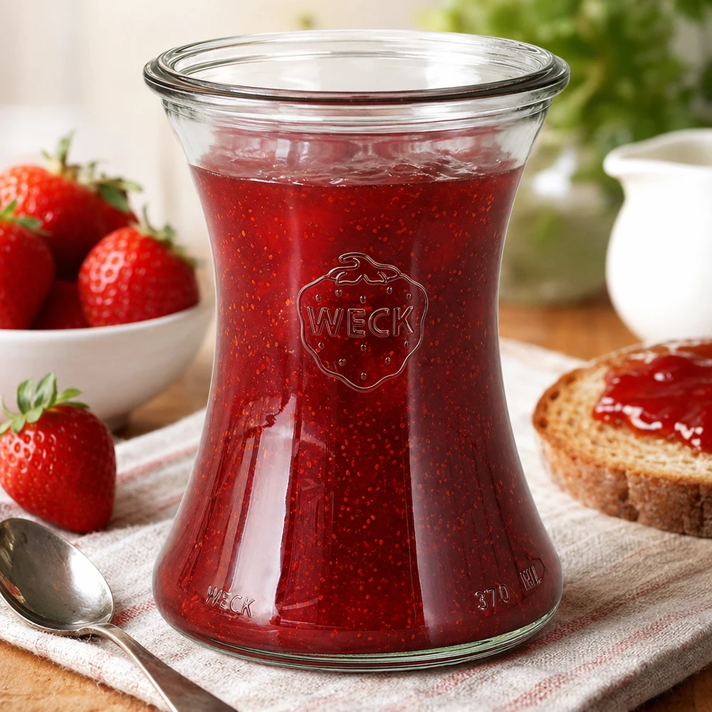 Barattolo WECK da 370 ml RR80 con marmellata di fragole rosse in un'accogliente confezione da colazione con pane tostato.