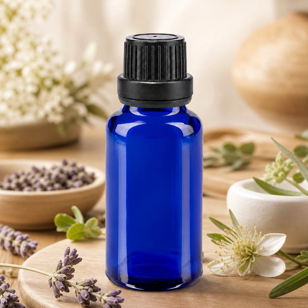 Bottiglia da farmacia blu da 20ml. SV OV nero/11mm ApoGlas Piccola boccetta di vetro blu da 20 ml con tappo di sicurezza nero a prova di bambino per cosmetici naturali