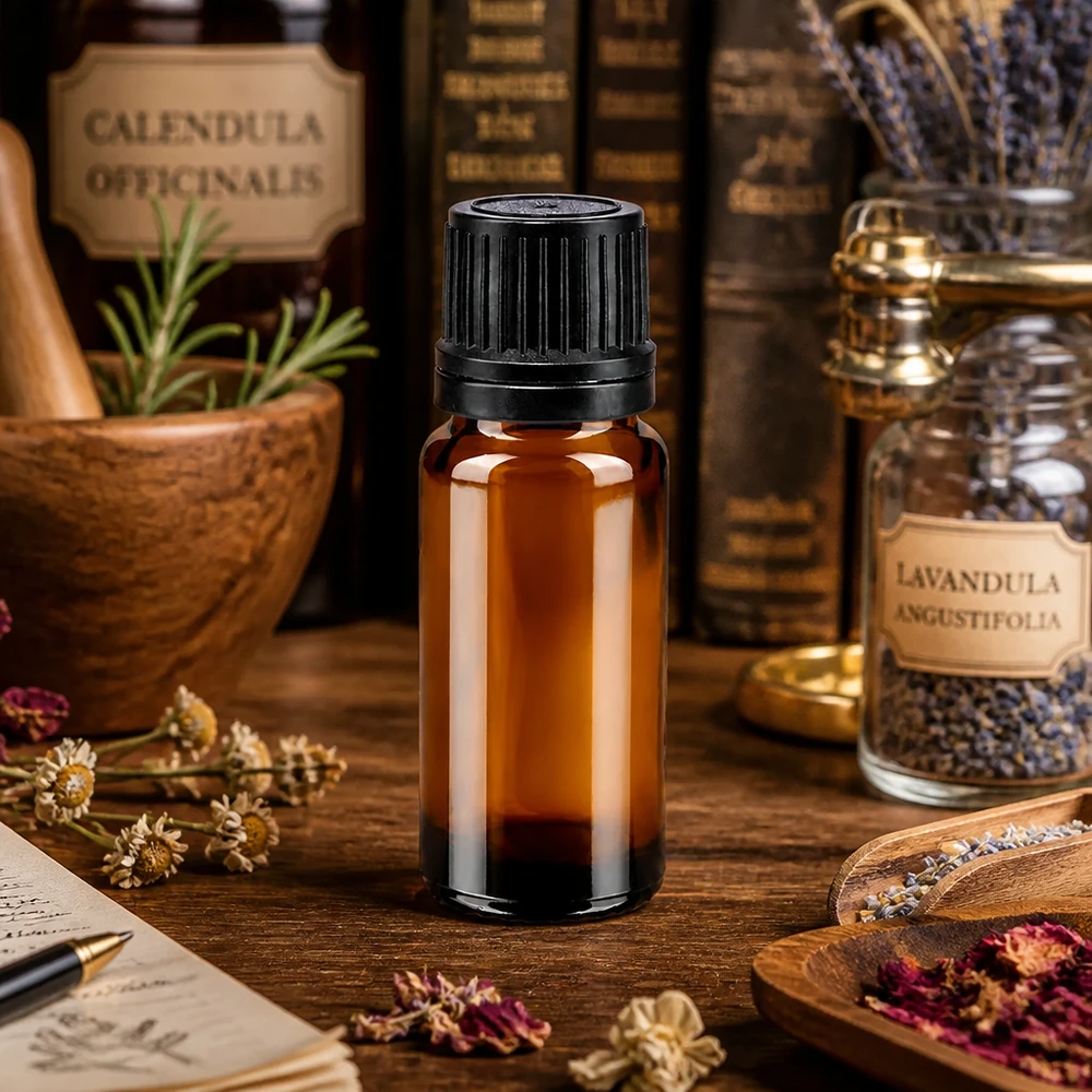 Flacone contagocce da 10 ml in vetro da farmacia di colore marrone con tappo OV nero, tra le erbe medicinali