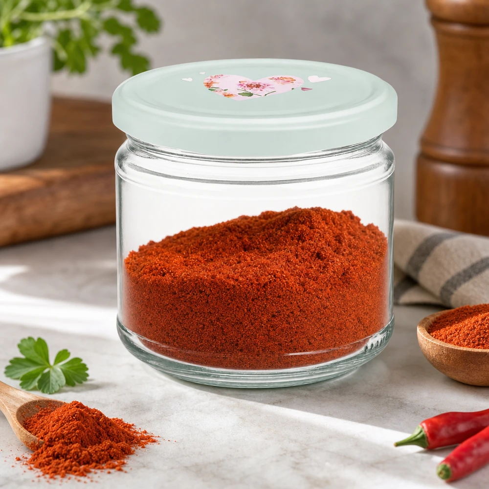 Barattolo rotondo da 330 ml + coperchio BasicSeal cuore menta UNiTWIST Barattolo rotondo da 330 ml pieno di paprika rossa Coperchio BasicSeal motivo cuore menta barattolo per spezie barattolo di stoccaggio cucina