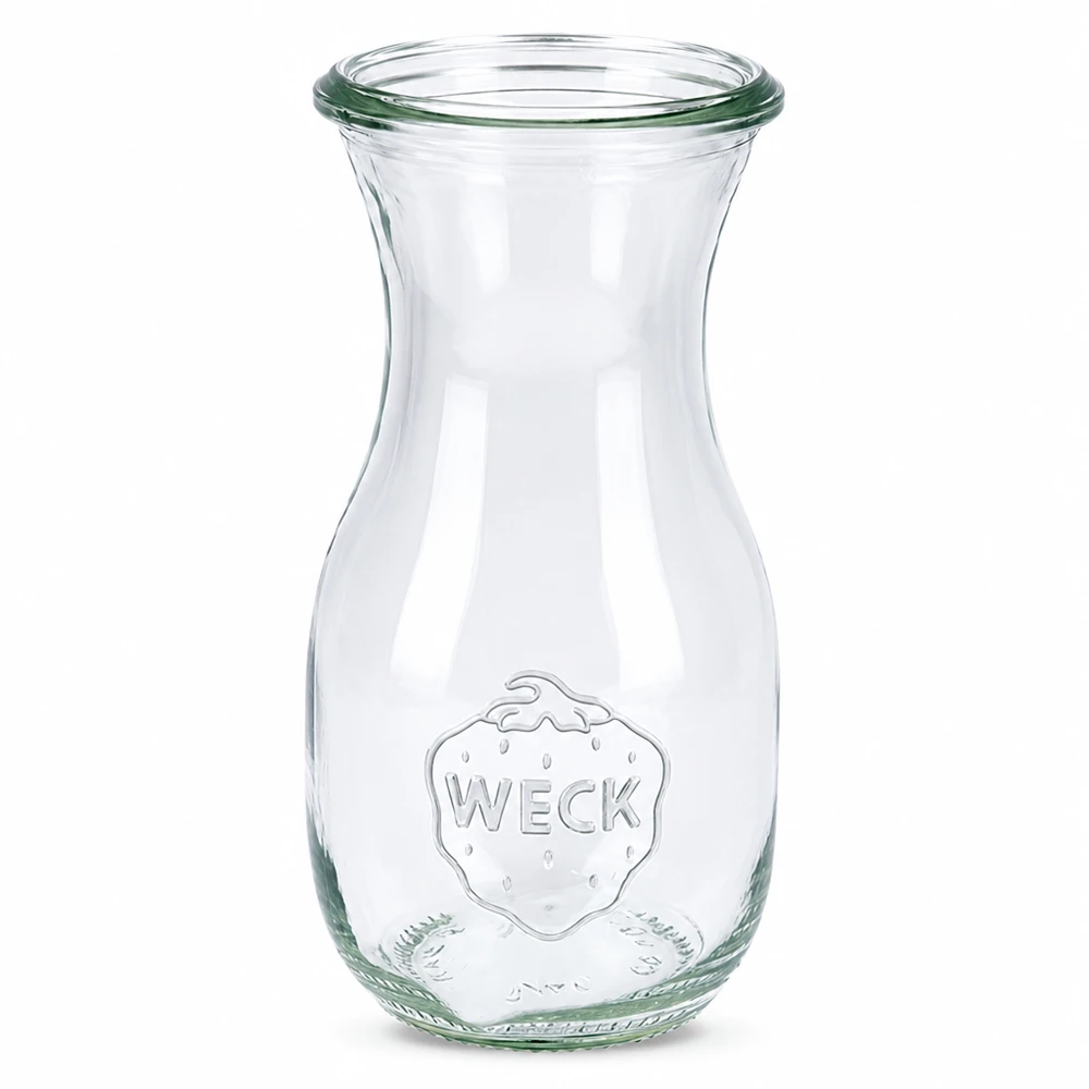 Bottiglia per succhi da 290 ml WECK RR60 Bottiglia per succhi di frutta WECK RR60 da 290 ml in vetro trasparente con logo in rilievo e ampia apertura per succhi e bevande